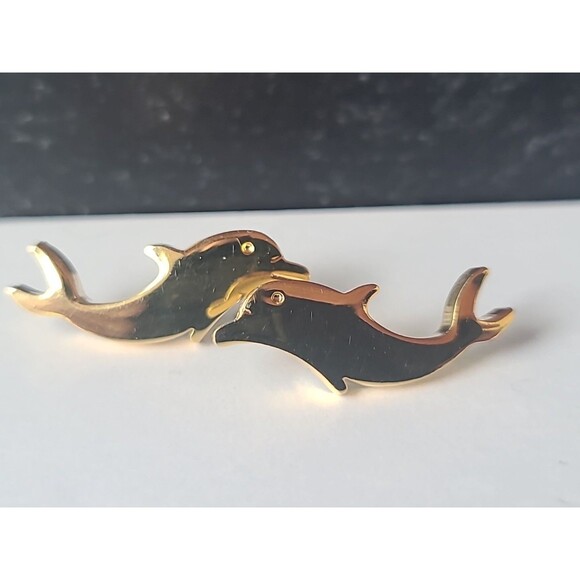 Gold Tone Dolphin Shaped Stud Earrings Vintage Costume Jewelry - Picture 3 of 10